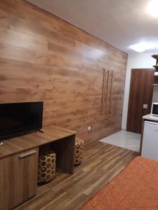瓦尔纳Private Rooms Silvia的客厅设有木墙和平面电视