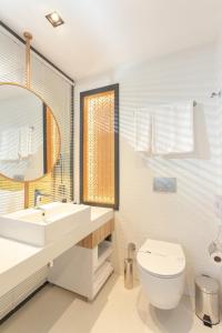 安卡拉ROX Hotel Ankara的一间带水槽、卫生间和镜子的浴室