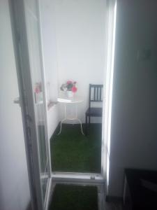 多瑙新城Rozinka apartman的小房间设有桌子和绿色地毯