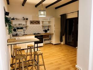 锡纳亚Nordic Chalet的一间厨房,内设一个柜台和凳子