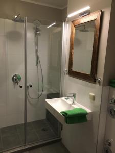 布劳恩拉格温贝布里克公寓的浴室配有盥洗盆和带镜子的淋浴