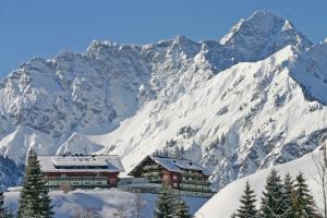 米特尔贝格Haller's Geniesserhotel的雪覆盖的山前的滑雪小屋