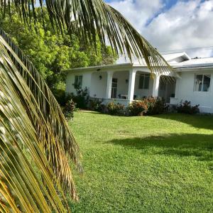 SauteursRomantic Cottage的院子里有棕榈树的白色房子