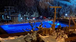 拉维拉Dolasilla Mountain Panoramic Wellness Hotel的游泳池在晚上被雪覆盖