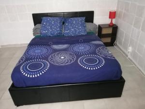 蒙彼利埃Boulevard Paul Valéry的一张带蓝色棉被和枕头的床