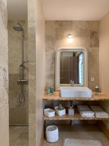 卢昂STUDIO EN VILLE ET CAMPAGNE的一间带水槽和镜子的浴室