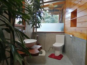 埃拉麦克昆民宿的一间带卫生间、水槽和植物的浴室