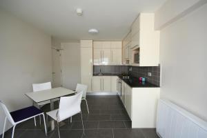 科克Victoria Lodge Apartments - UCC Summer Beds的厨房配有白色橱柜和桌椅