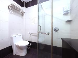 古晋Nova Kuching Hotel的一间带卫生间和玻璃淋浴间的浴室