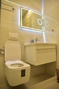 地拉那The King Resort的一间带卫生间、水槽和镜子的浴室