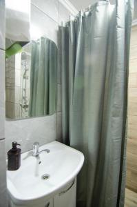 利沃夫Pop Art Hostel Rynok Sq的一间带水槽和淋浴帘的浴室