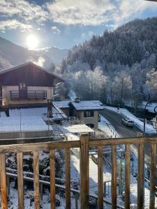兰德里Maison Caramel的享有滑雪小屋和地面雪的景色