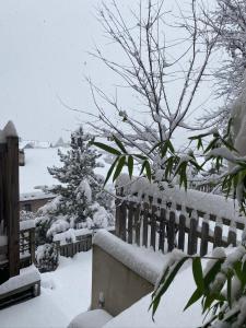 兰德里Maison Caramel的雪覆盖的院子,有栅栏和树木