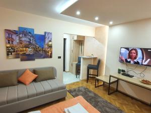 贝尔格莱德Apartman DoDoLu的客厅配有沙发和墙上的电视