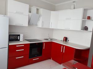 敖德萨Apartments Lutsdorf的厨房配有红色橱柜和白色家电
