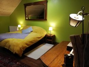 Ban-sur-Meurthe-ClefcyLa grange du kerala的绿色卧室配有床和镜子