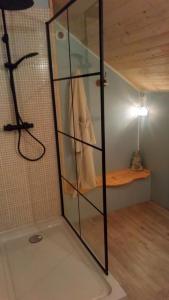 Ban-sur-Meurthe-ClefcyLa grange du kerala的一个带有玻璃墙的淋浴间,位于一个配有一张床的房间