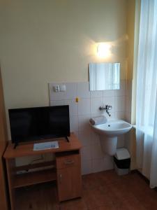 奥得河畔科斯琴多姆特蕾斯蒂酒店的一间带水槽的浴室和一张桌子上的电视