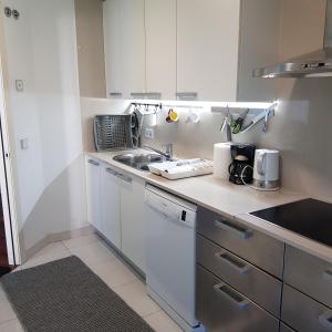 巴塞罗那apartment luxe MMR的小厨房配有白色橱柜和水槽