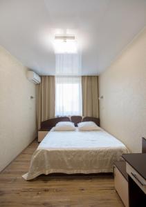 符拉迪沃斯托克卡门旅馆的一间卧室设有一张大床和窗户