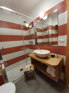 蒙特堡Hotel Miramonti的一间带水槽和大镜子的浴室