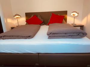 古森多夫穆尔霍夫旅馆的一张带两个红色枕头和两盏灯的床