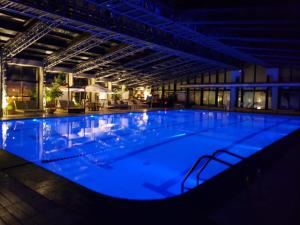 蒙得维的亚蒙得维的亚维多利亚广场雷迪森酒店的一座晚上点亮的大型游泳池