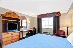 圣安东尼奥戴斯酒店 - 圣安东尼奥机场汽车旅馆的酒店客房配有一张床、一张书桌和一台电视。