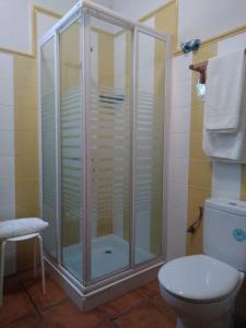 阿塞沃casa rural buenos aires的浴室设有玻璃淋浴间和卫生间