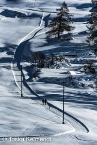 瓜尔达Engadin Holidays ch - Chasa 32 in Guarda的两个人在雪覆盖的斜坡上滑雪