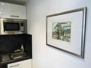 克拉根福305 Berlin, Studio Apartment, 38m2 2-4 Pers的厨房配有水槽,墙上挂着一幅画