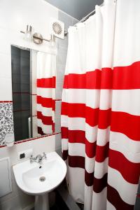 切尔尼戈夫Comfortable apartment in the center的浴室设有红色和白色的淋浴帘和水槽