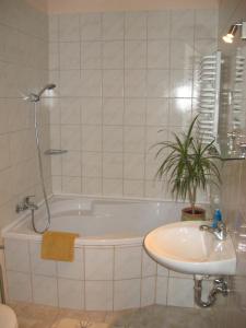 Piliscsaba阳光酒店的带浴缸和盥洗盆的浴室