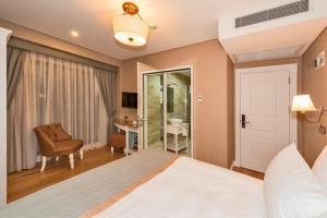 伊斯坦布尔汉娜酒店的一间卧室配有一张床、一张桌子和一把椅子