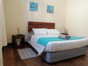 瓦尔帕莱索Hostal Rama & CaStle的一间卧室配有一张带蓝色毯子的床