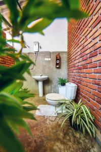 丹不拉Vihanga Village的一间带卫生间、水槽和砖墙的浴室