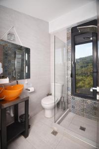 斯基亚索斯镇恩特诺斯生活旅馆的一间带卫生间和玻璃淋浴间的浴室
