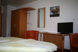 艾森纳赫Pension zur Krone的一间卧室配有一张床和一张书桌及电视