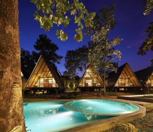 达瓦拉维Kottawatta River Bank Resort的树前有游泳池的房子