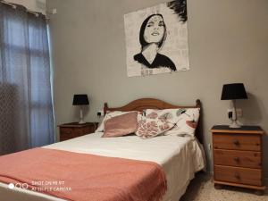 比尔泽布贾Arzella Holiday Home的卧室配有一张床,墙上挂有绘画作品