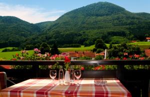 Rottau费斯赫尔图贝尔酒店的配有酒杯的桌子,享有山景