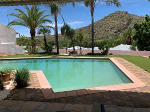 温特和克Tourmaline Holiday House的一座棕榈树环绕的游泳池,一座山 ⁇ 