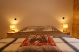 蒂涅Appartement Soleil Blanc Résidence Lodge des neiges的一间卧室,两边都配有一张床和两盏灯