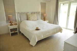 Rodrigues IslandLétan Lontan的一间白色的卧室,配有一张带帽子的床