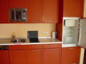 文迪施里茨Fewoamglubigsee的厨房配有红色橱柜、水槽和冰箱