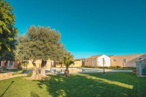 锡拉库扎Masseria Testaferrata的两棵树和一个游泳池的院子