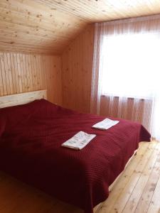 DilyatynAzart2020的木制客房的一张红色床,设有窗户