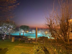 西尔米奥奈Catullo Apartments Sirmione的享有游泳池的夜间景致