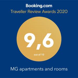 布德瓦MG apartments and rooms的黄色圆圈,有文字旅行审查奖毫克任用和房间