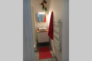 凯恩Un petit coin de paradis au centre ville de Caen的一间带水槽和红色毛巾的浴室